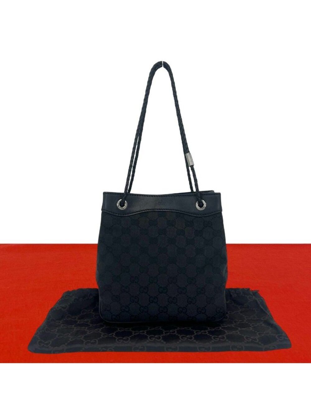 Gucci GG Logo Pattern Canvas Leather Shoulder Bag Mini Black